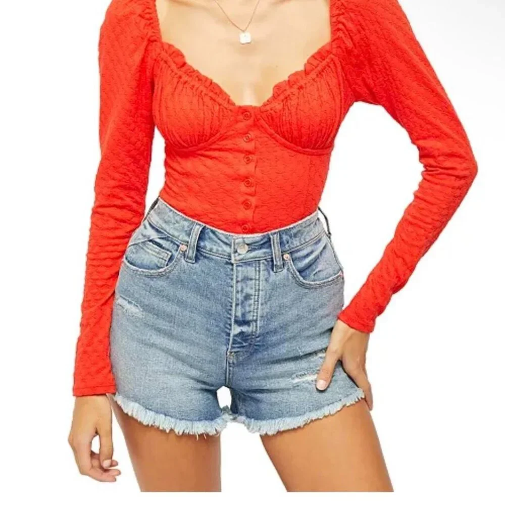 Free People Red Ladybug Long Sleeve Top Size M‎